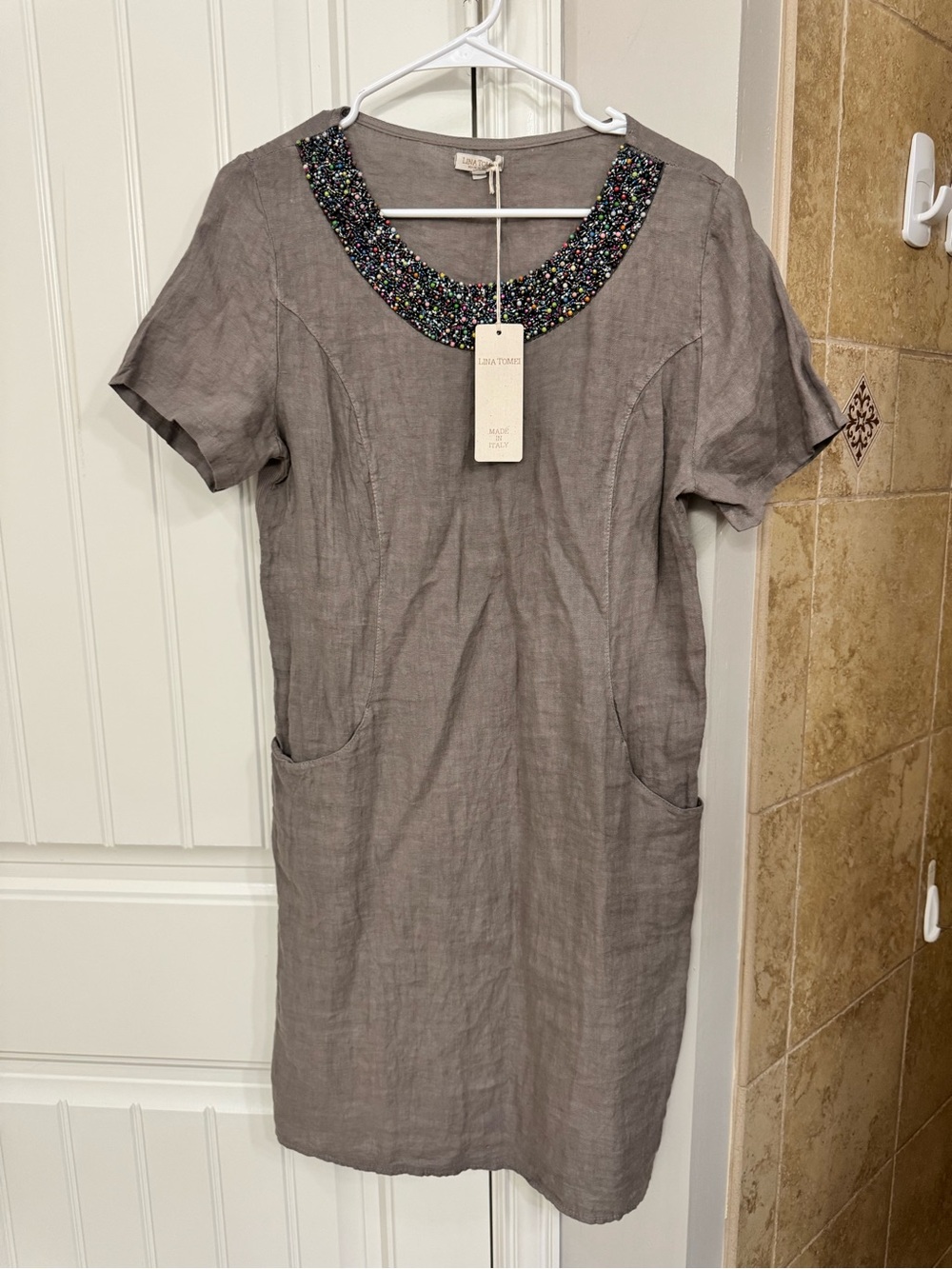 Linen Beaded Collar Mini Dress - Taupe